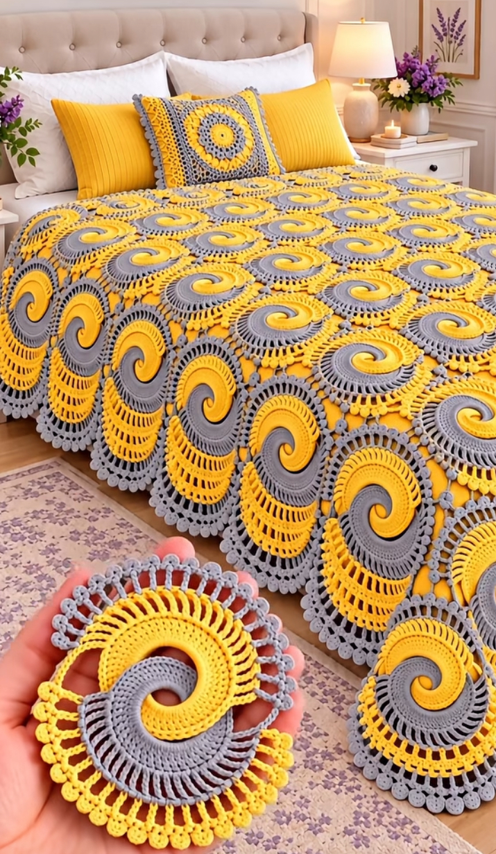 A hand holding a yellow and gray spiral crochet motif, shown as part of a bedspread on a neatly made bed with matching pillow.