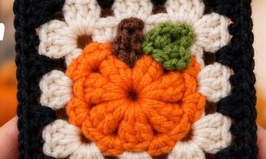 A crocheted granny square featuring an orange pumpkin with a green leaf and brown stem on a cream and black background.