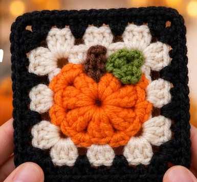 A crocheted granny square featuring an orange pumpkin with a green leaf and brown stem on a cream and black background.