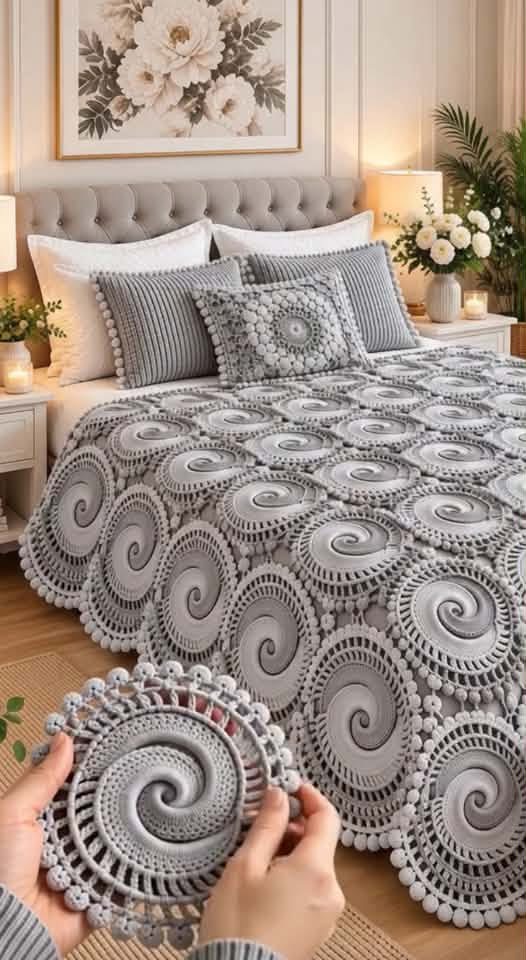 A gray spiral motif crochet bedspread with matching pillows, featuring circular swirl patterns bordered by bobbles on a neatly made bed.