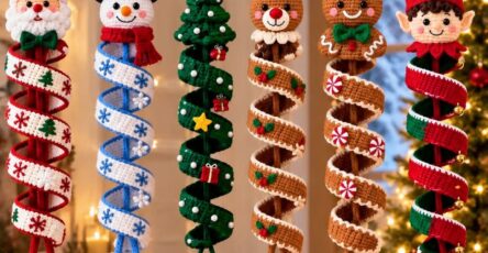 Six spiral crochet Christmas character ornaments including Santa, snowman, Christmas tree, reindeer, gingerbread, and elf, hanging on a wooden beam.