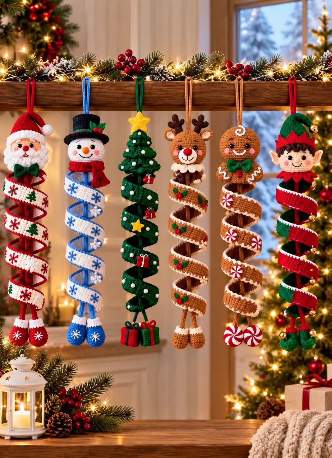 Six spiral crochet Christmas character ornaments including Santa, snowman, Christmas tree, reindeer, gingerbread, and elf, hanging on a wooden beam.