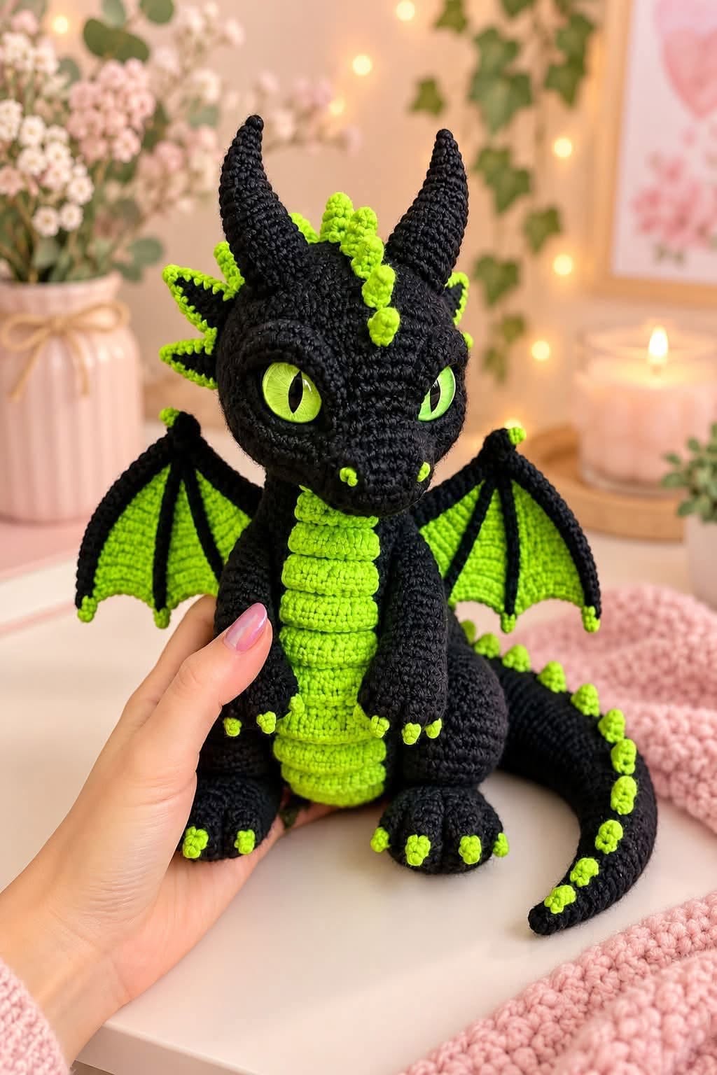 A crocheted dragon plush toy with black and bright green yarn, large green eyes, wings, belly scales, spikes, and textured details.