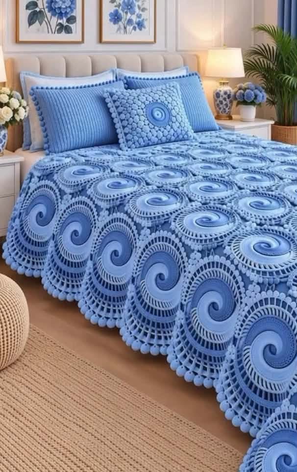 A luxurious blue crochet bedspread on a bed, featuring large swirling motifs, layered textures, and a scalloped border.
