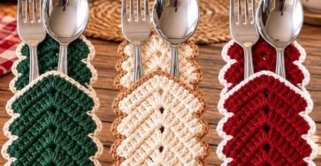 Three crocheted Christmas tree utensil holders in green, cream, and red, each with a brown trunk and scalloped white edging.