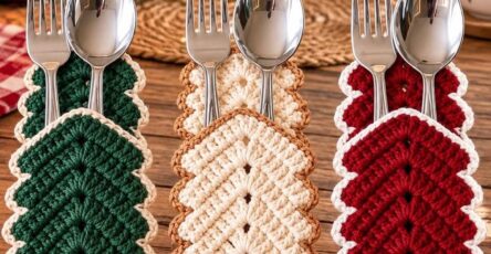 Three crocheted Christmas tree utensil holders in green, cream, and red, each with a brown trunk and scalloped white edging.
