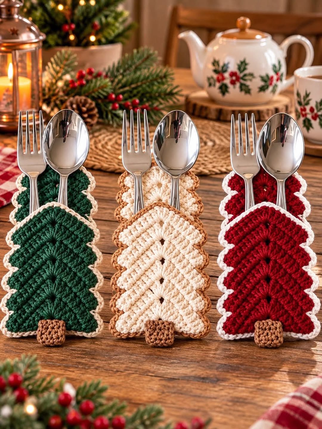 Three crocheted Christmas tree utensil holders in green, cream, and red, each with a brown trunk and scalloped white edging.