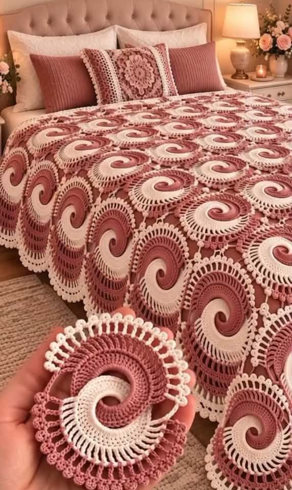 A bed covered in a handmade crochet bedspread featuring rose and cream swirling motifs, with a hand holding one motif in the foreground.