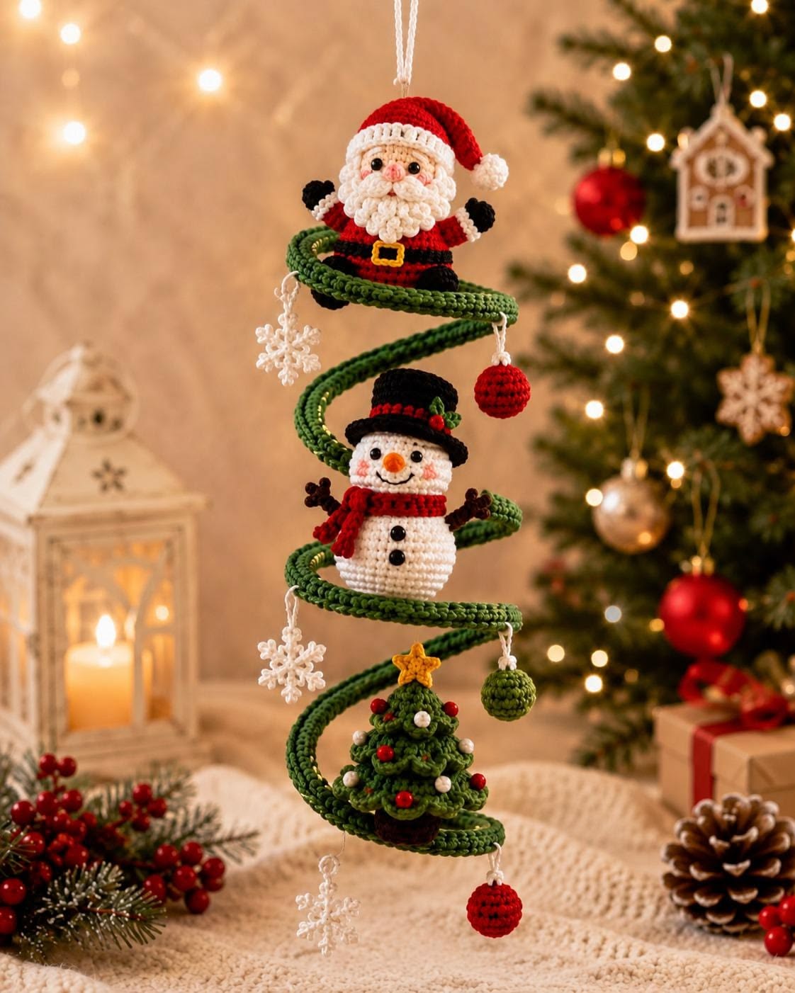 A crocheted Christmas hanging ornament with Santa, a snowman, and Christmas tree on a spiral green base, adorned with mini balls and snowflakes.