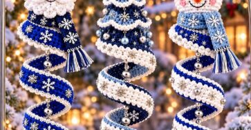 Three detailed crochet Christmas ornaments: a Santa, a Christmas tree, and a snowman, each with spiral bases, bead accents, and festive winter colors.