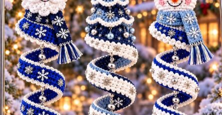 Three detailed crochet Christmas ornaments: a Santa, a Christmas tree, and a snowman, each with spiral bases, bead accents, and festive winter colors.