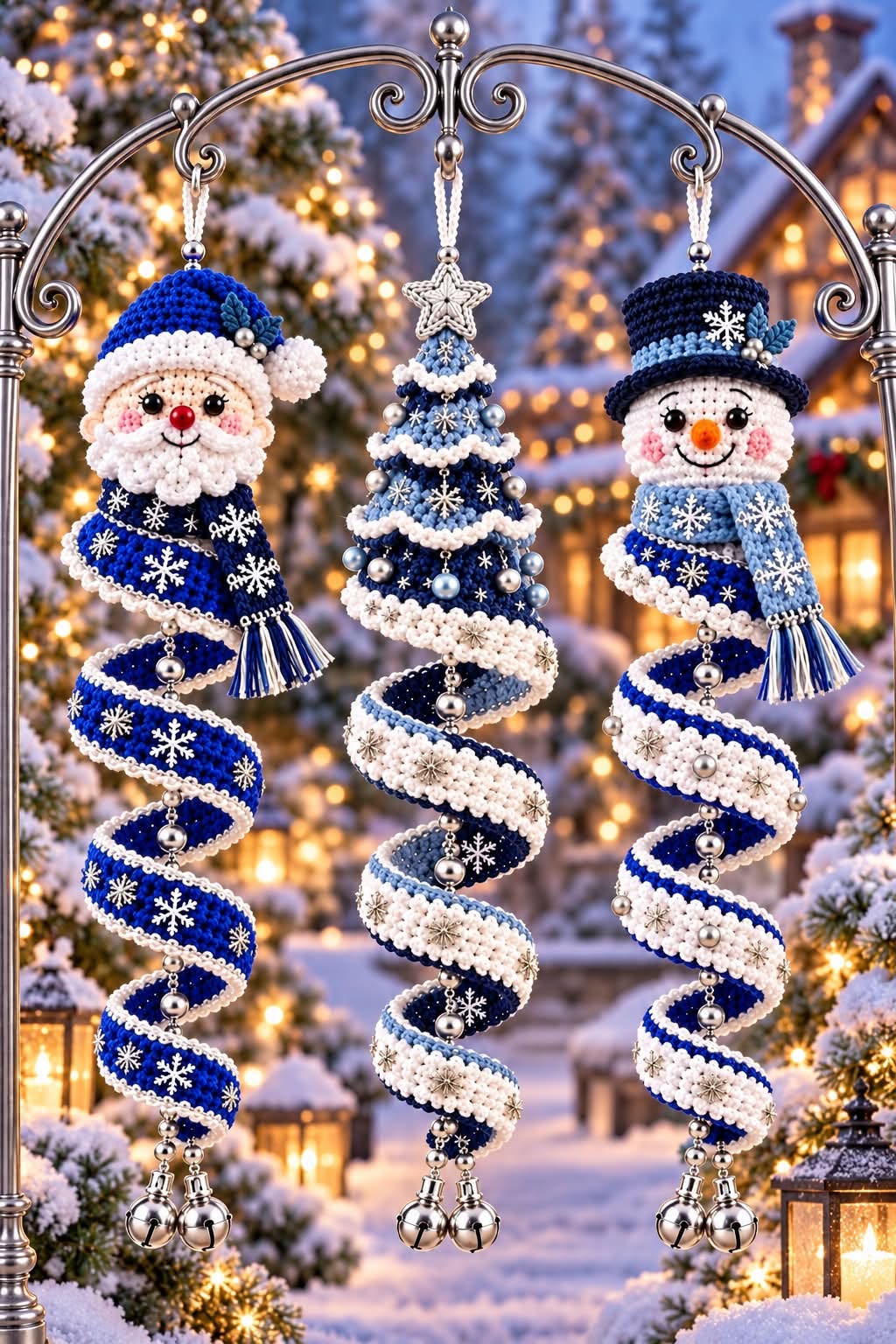 Three detailed crochet Christmas ornaments: a Santa, a Christmas tree, and a snowman, each with spiral bases, bead accents, and festive winter colors.