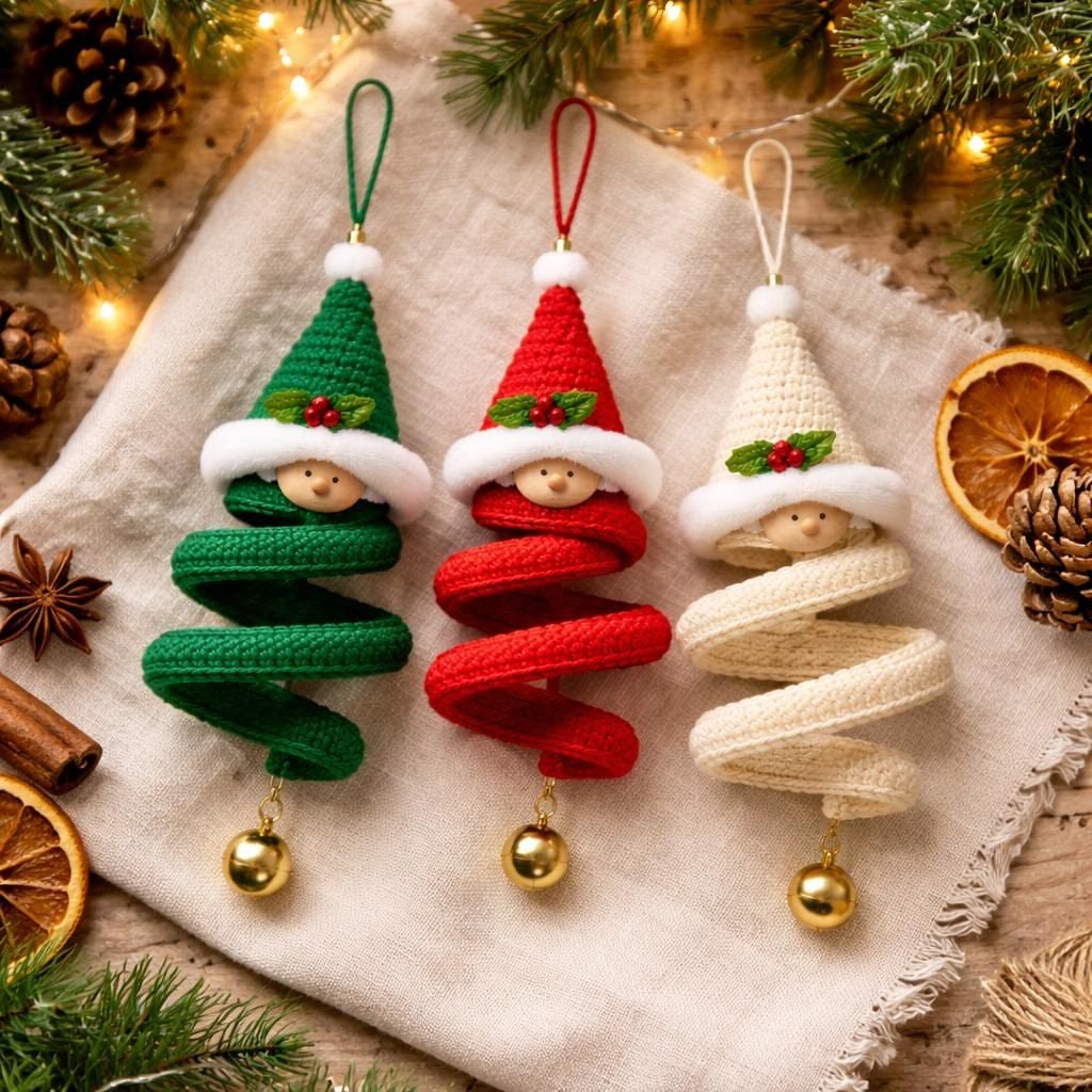 Three crocheted spiraled elf ornaments in green, red, and cream, each with a festive hat, wooden face, and gold bell, displayed on linen with Christmas decor.