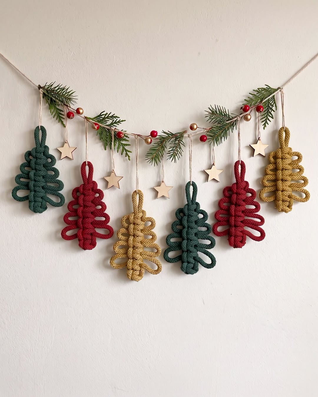 Crochet garland of stylized Christmas trees with large horizontal loops in green, red, and gold, decorated with natural twine and faux greenery.