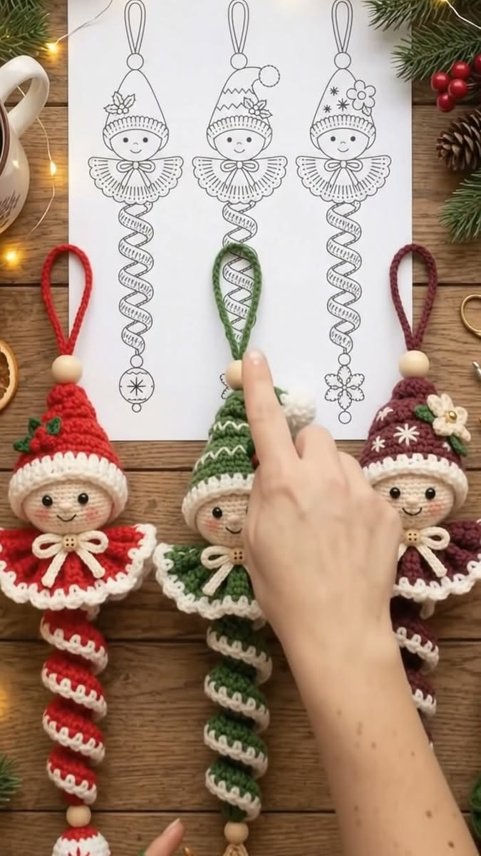 Three spiral crochet Christmas elf ornaments in red, green, and burgundy, with smiling faces, round hats, ruffled collars, and curly spiral bodies.