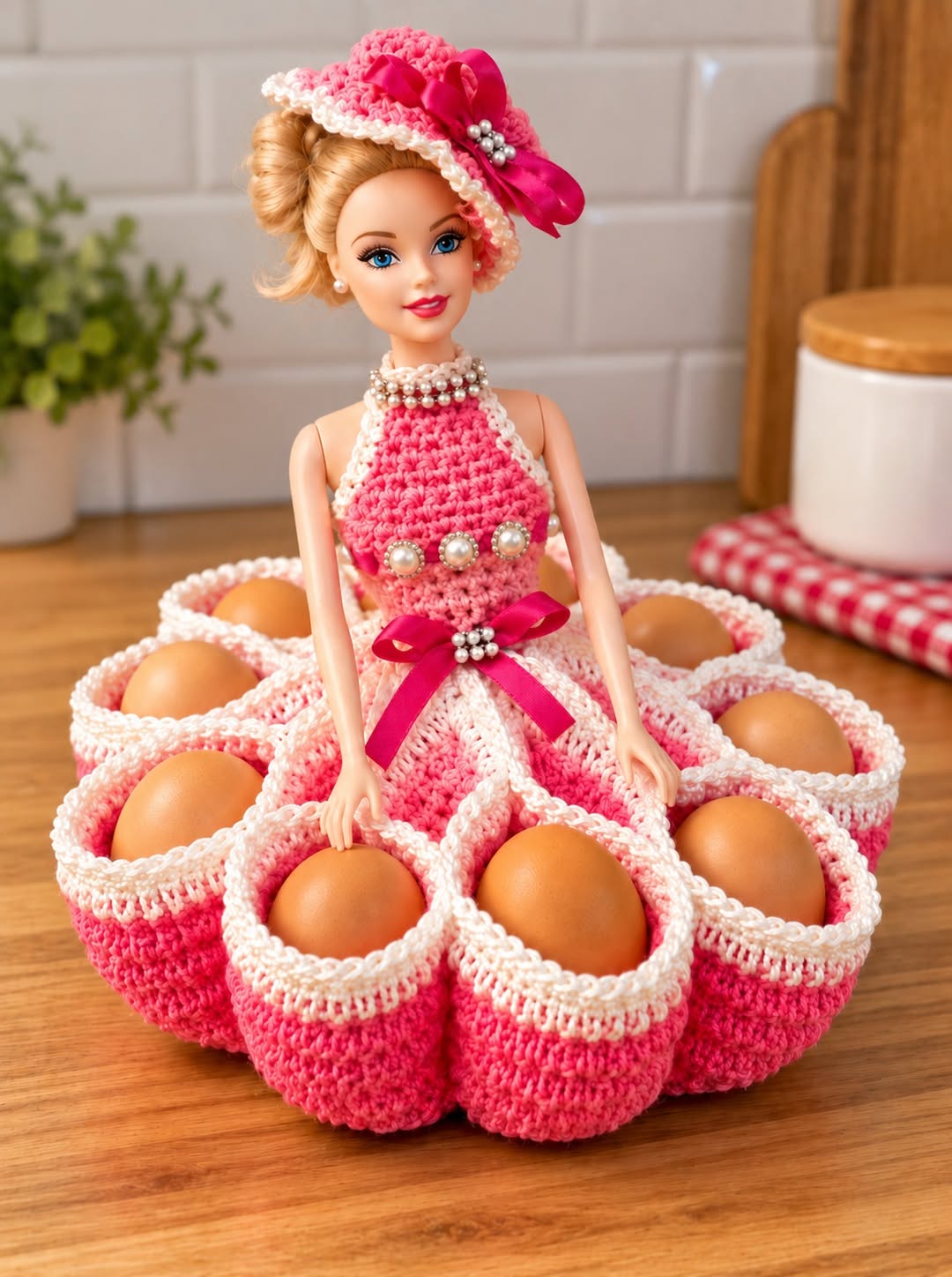 A crocheted egg holder modeled as a doll in a flowing pink and white dress with multiple pockets for eggs.