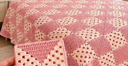A pink and cream crochet quilt bedspread with alternating solid and openwork squares, matched pillows, and a detailed square motif held in the foreground.