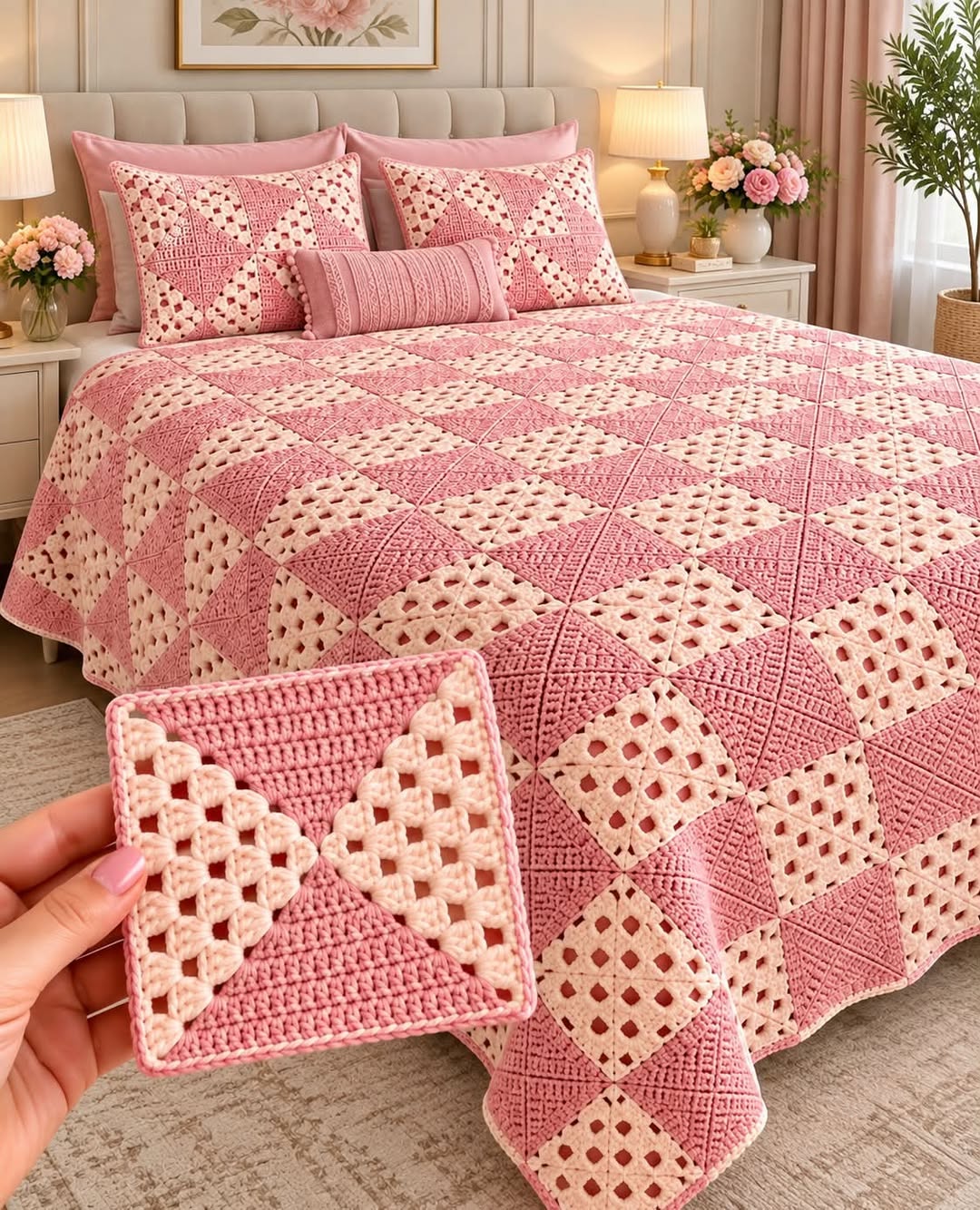 A pink and cream crochet quilt bedspread with alternating solid and openwork squares, matched pillows, and a detailed square motif held in the foreground.