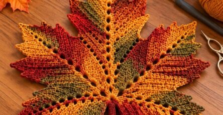 A large crocheted maple leaf in shades of orange, gold, green, and rust, laid flat on a wooden table as autumn decor.