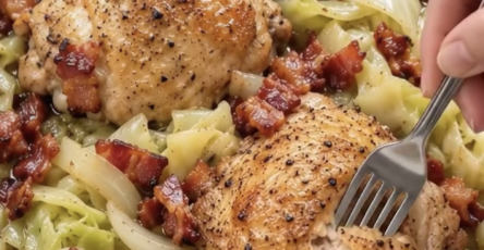 A bowl filled with golden chicken thighs, braised cabbage, sautéed onions, and crispy bacon pieces.