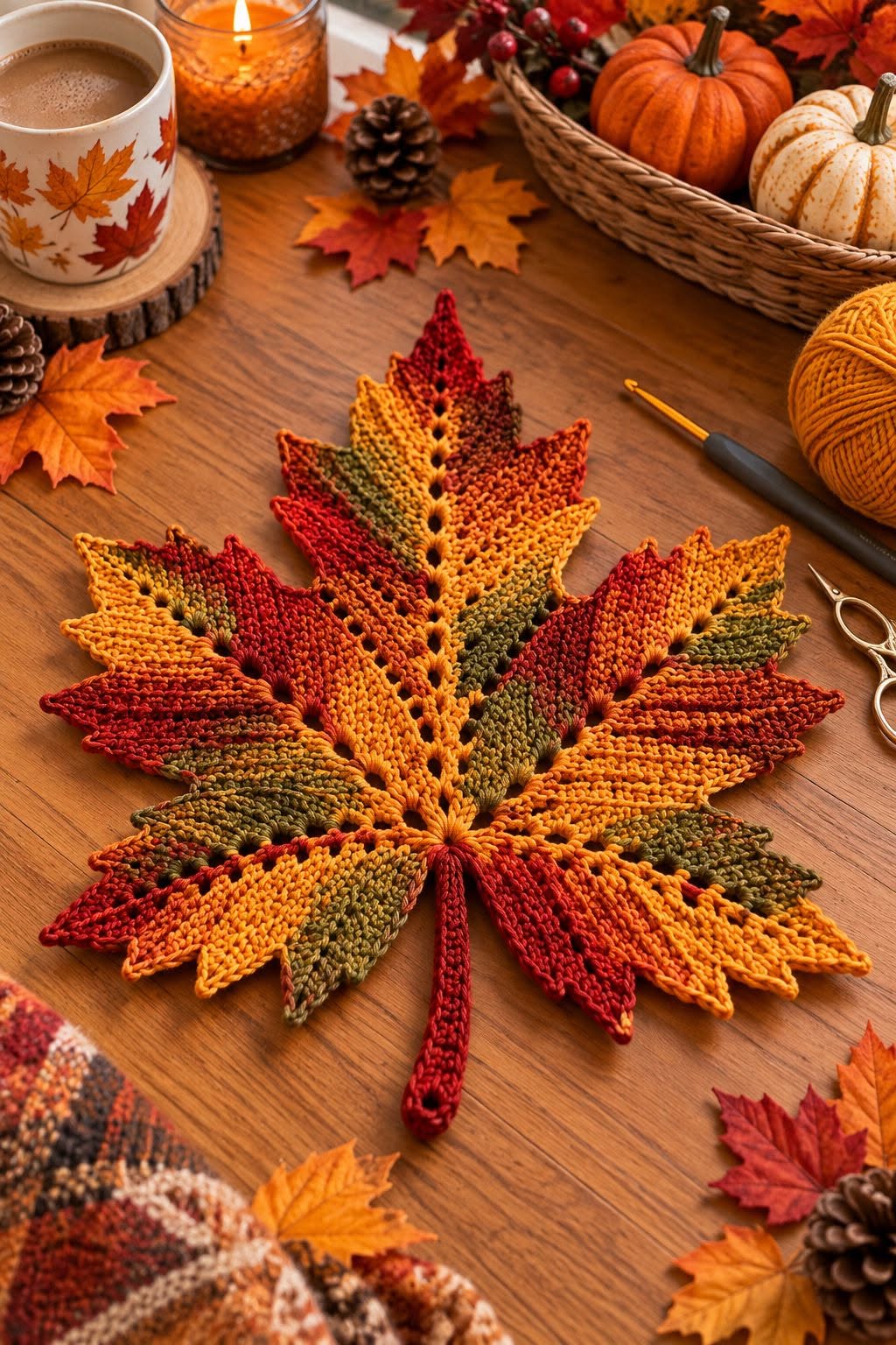 A large crocheted maple leaf in shades of orange, gold, green, and rust, laid flat on a wooden table as autumn decor.