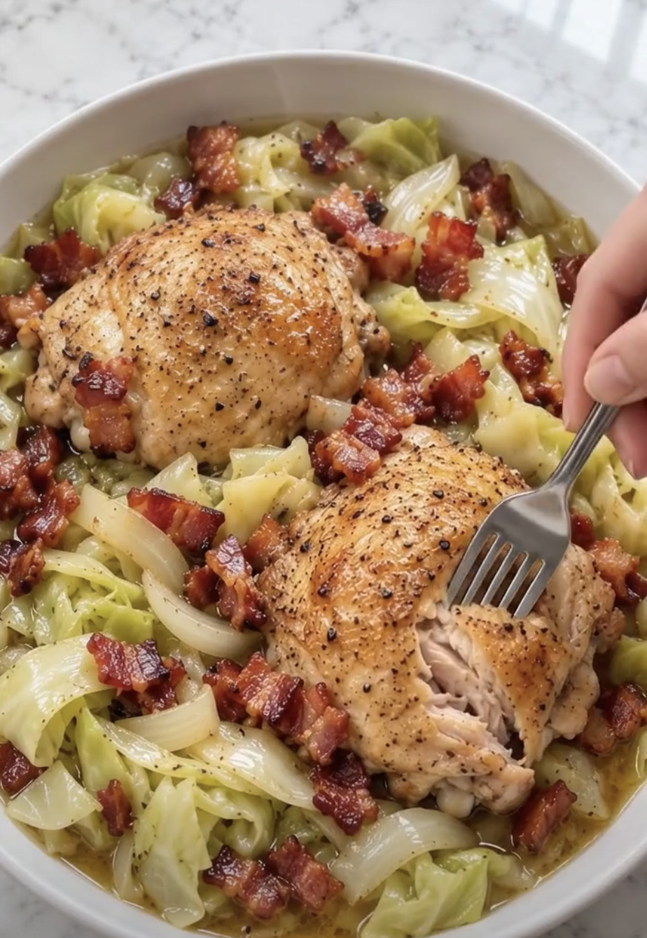 A bowl filled with golden chicken thighs, braised cabbage, sautéed onions, and crispy bacon pieces.