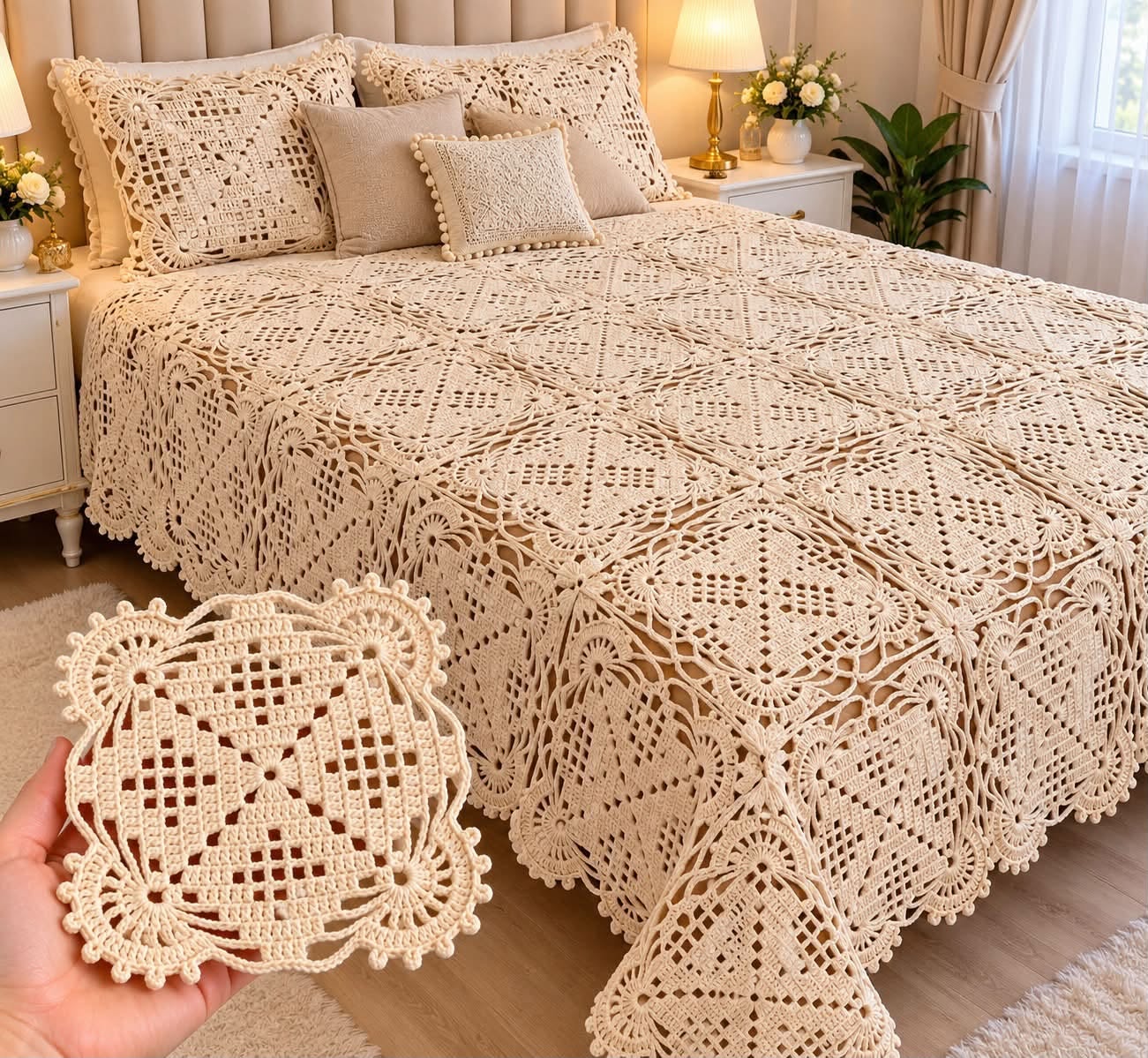 Hand holding a lacy crochet motif in front of a vintage-style crocheted bedspread made of joined square motifs in cream color.