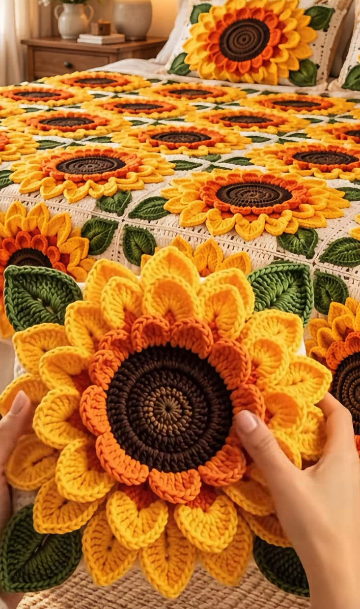 Hands holding a large 3D crocheted sunflower motif with a sunflower-themed blanket on a bed in the background.