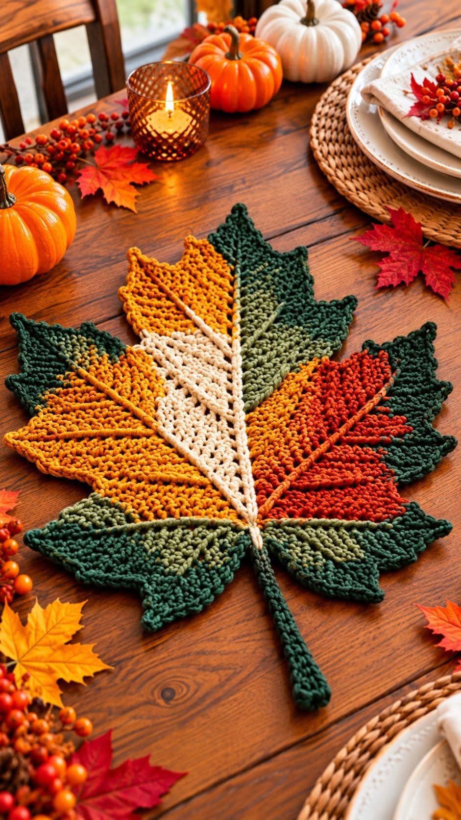 A large crocheted maple leaf placemat in orange, green, yellow, and cream, displayed as fall table decor with pumpkins and candles.