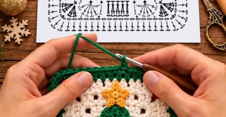 A crocheted square featuring a textured green Christmas tree, yellow star, and red baubles on a white granny background with green edging.