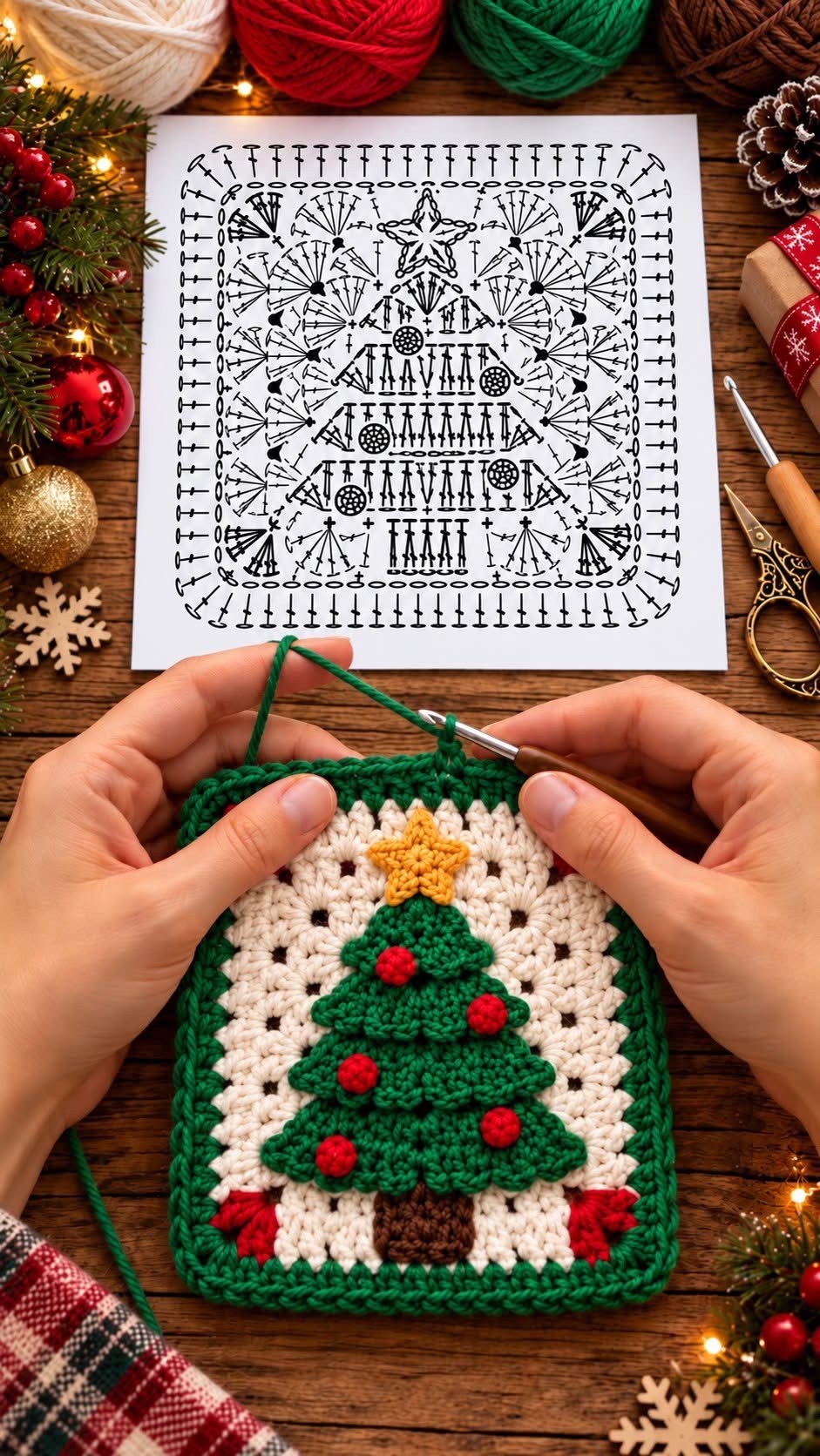 A crocheted square featuring a textured green Christmas tree, yellow star, and red baubles on a white granny background with green edging.