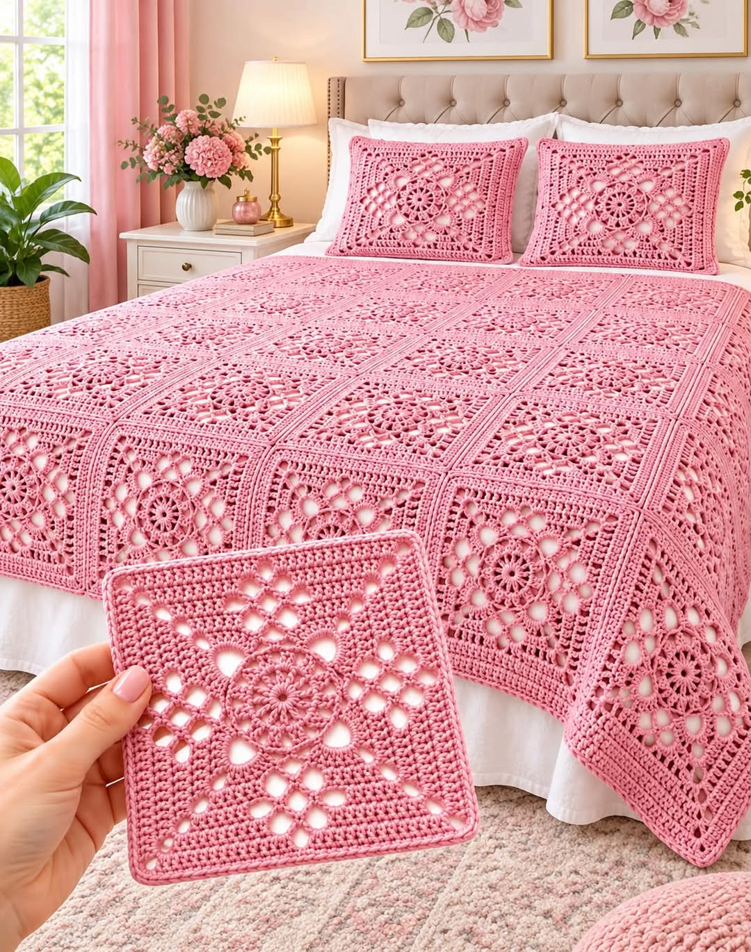 A hand holds a pink crocheted granny square in front of a pink crocheted bedspread and matching pillow covers on a bed.