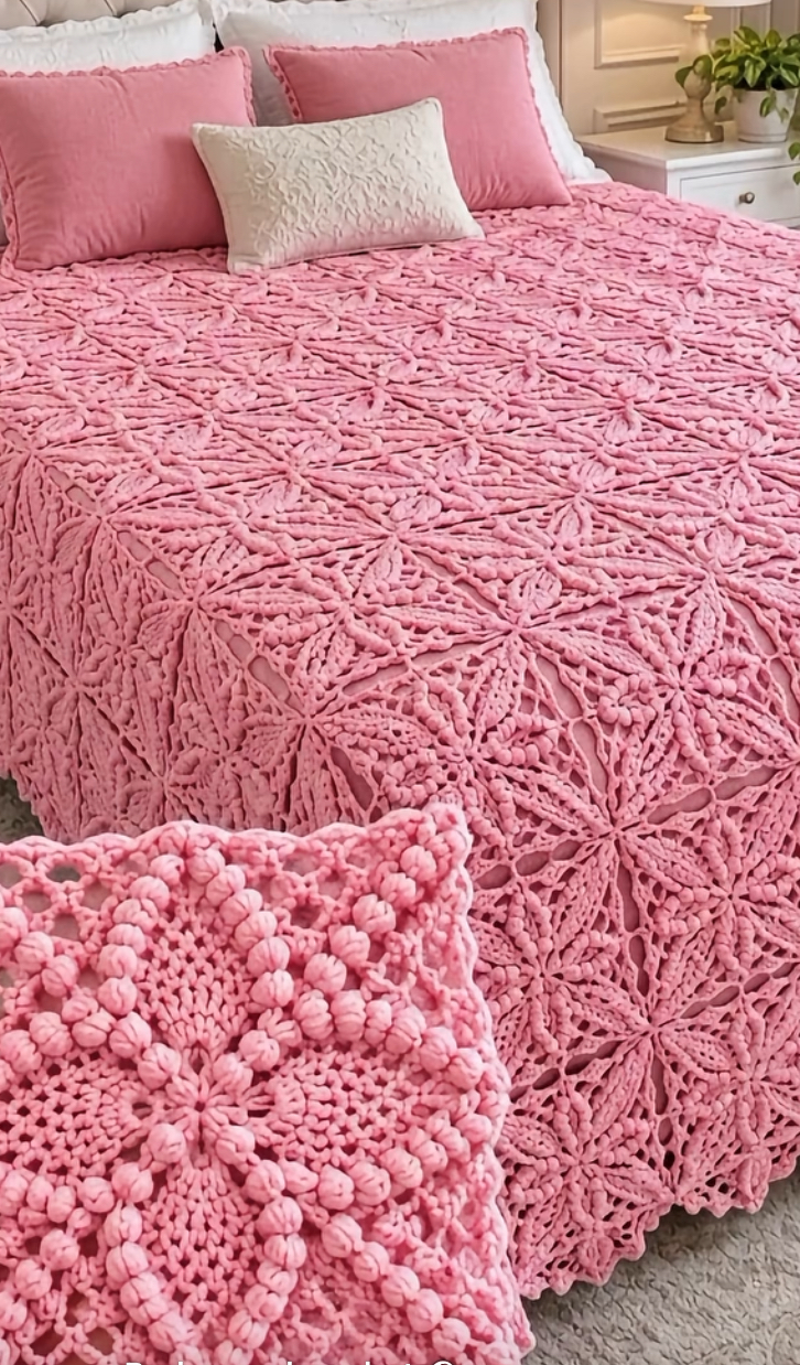 A chunky pink crochet bedspread with star-shaped motifs joined together, draped over a bed with pink and white pillows.