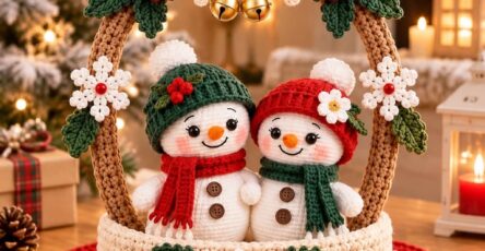 Crochet snowman couple centerpiece with red, green, and cream colors, large bow, hanging bells, and holiday greenery decorations.