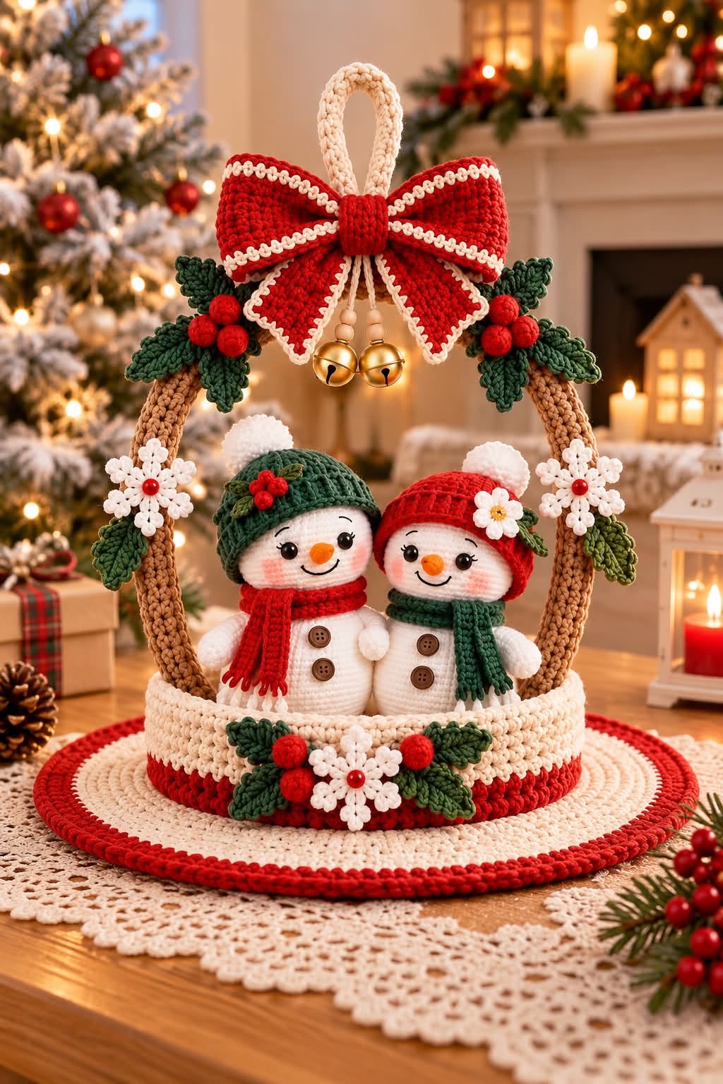 Crochet snowman couple centerpiece with red, green, and cream colors, large bow, hanging bells, and holiday greenery decorations.