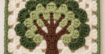 A crochet granny square featuring a textured brown tree trunk with light and dark green puff stitch leaves, bordered with cream and green yarn.