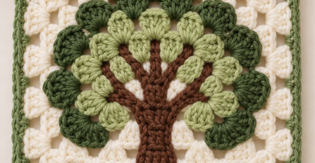 A crochet granny square featuring a textured brown tree trunk with light and dark green puff stitch leaves, bordered with cream and green yarn.