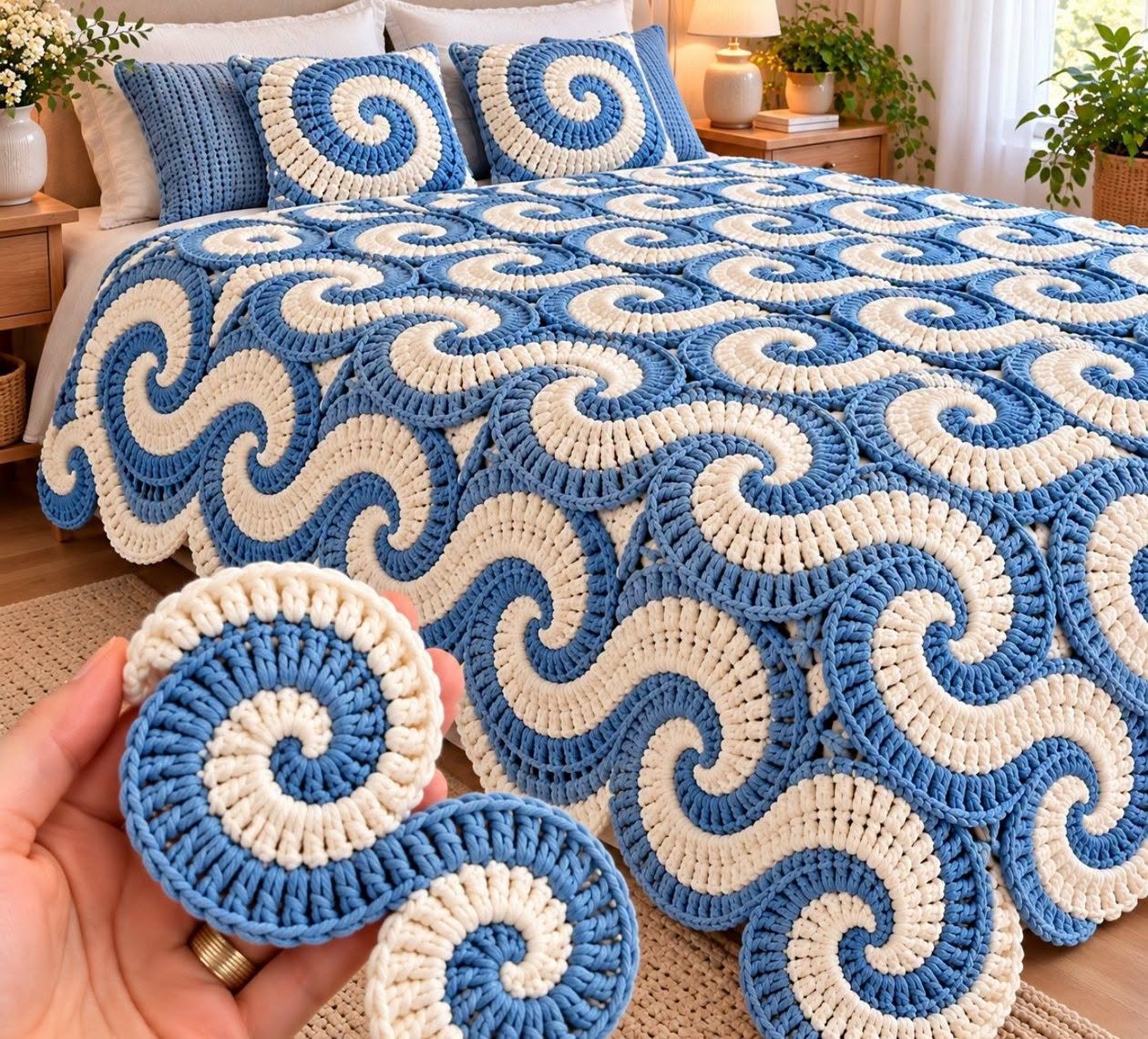 A hand holding a blue and cream crochet spiral motif in front of a bed covered with a matching crochet spiral blanket and pillows.
