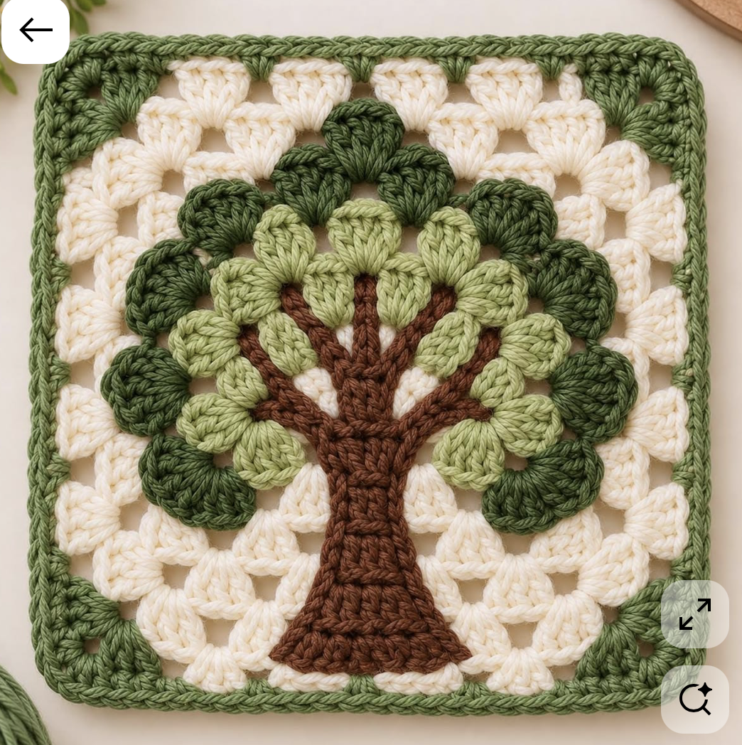 A crochet granny square featuring a textured brown tree trunk with light and dark green puff stitch leaves, bordered with cream and green yarn.