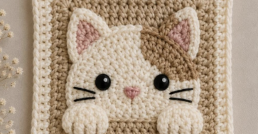 A crocheted granny square featuring a three-dimensional, cream and tan cat face with paws, ears, and whiskers.