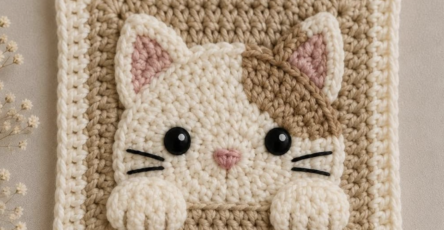 A crocheted granny square featuring a three-dimensional, cream and tan cat face with paws, ears, and whiskers.