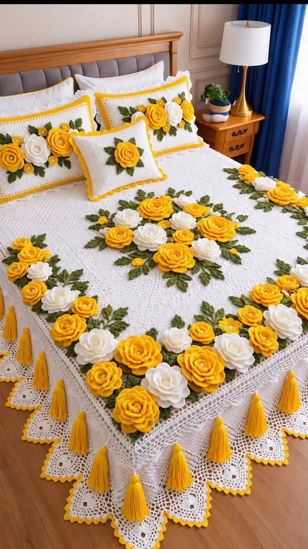 A crocheted bedspread and pillow set featuring large yellow and white 3D roses, green leaves, and a white lacy background with yellow tassels.