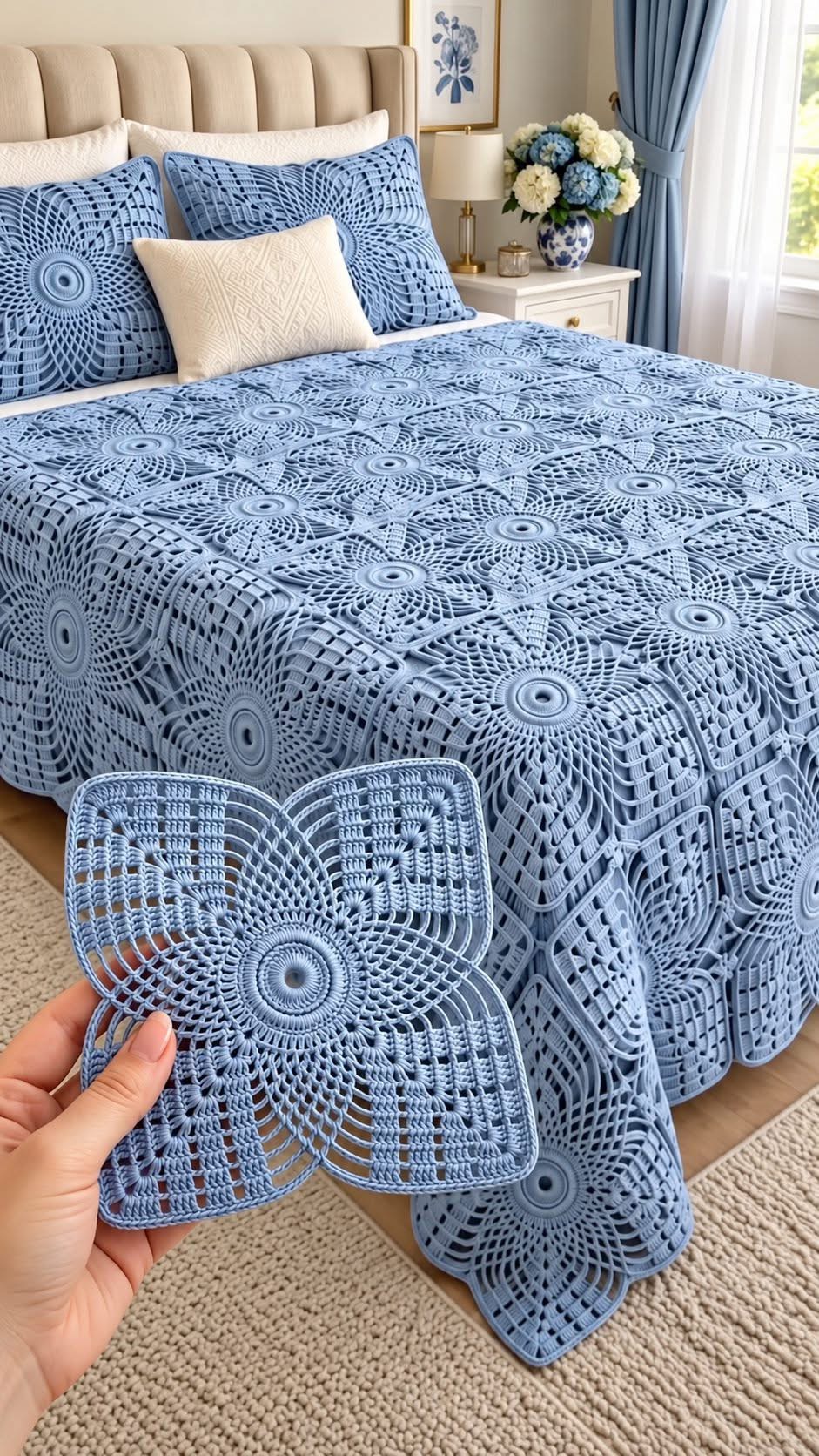 A hand holding a blue lacy square crochet motif, with a bedspread of similar motifs joined into a large blanket on a bed.