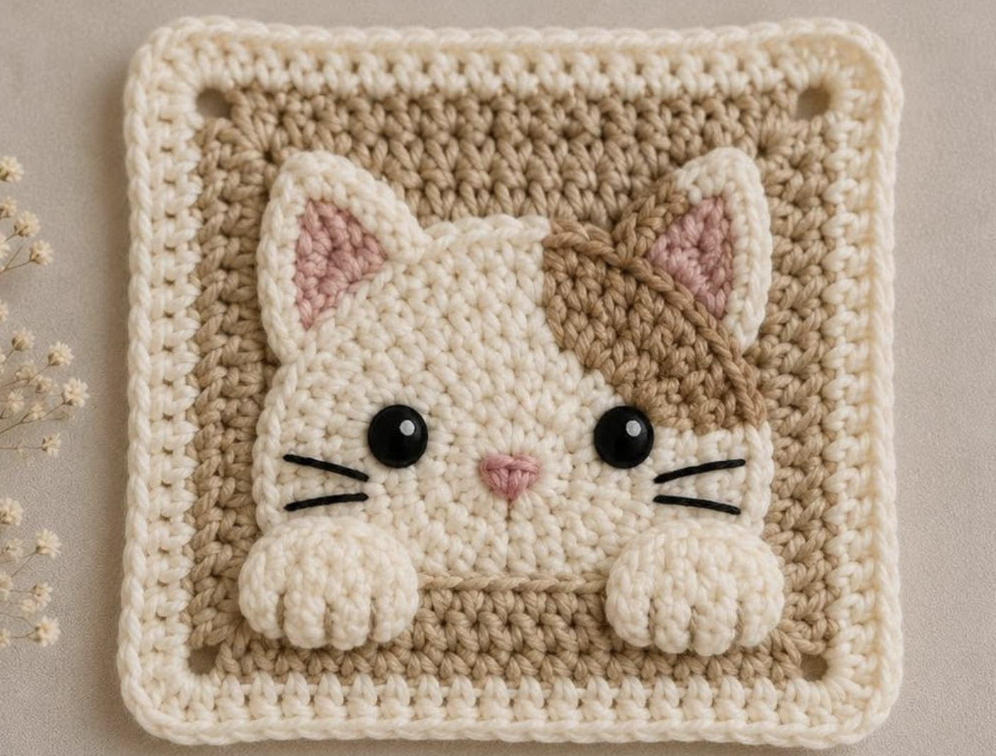 A crocheted granny square featuring a three-dimensional, cream and tan cat face with paws, ears, and whiskers.