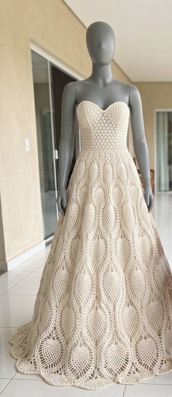 Strapless, full-length cream crochet gown with a textured fitted bodice and intricate pineapple lace skirt displayed on a mannequin.