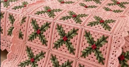 A cozy bed covered with a pink crochet blanket and pillows, each featuring green holly leaves and red berry motifs on granny squares, finished with a scalloped border.