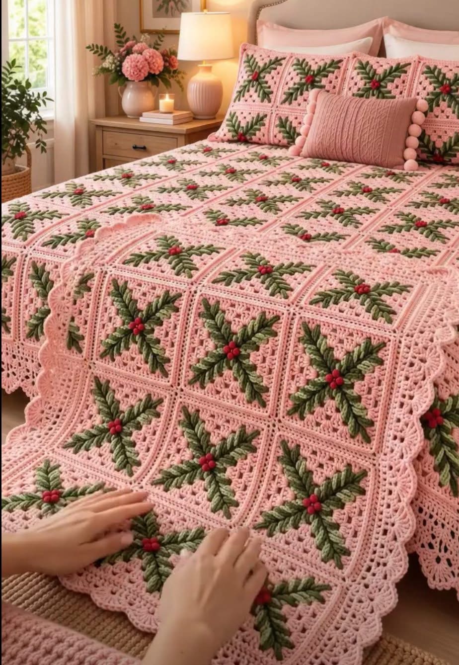 A cozy bed covered with a pink crochet blanket and pillows, each featuring green holly leaves and red berry motifs on granny squares, finished with a scalloped border.