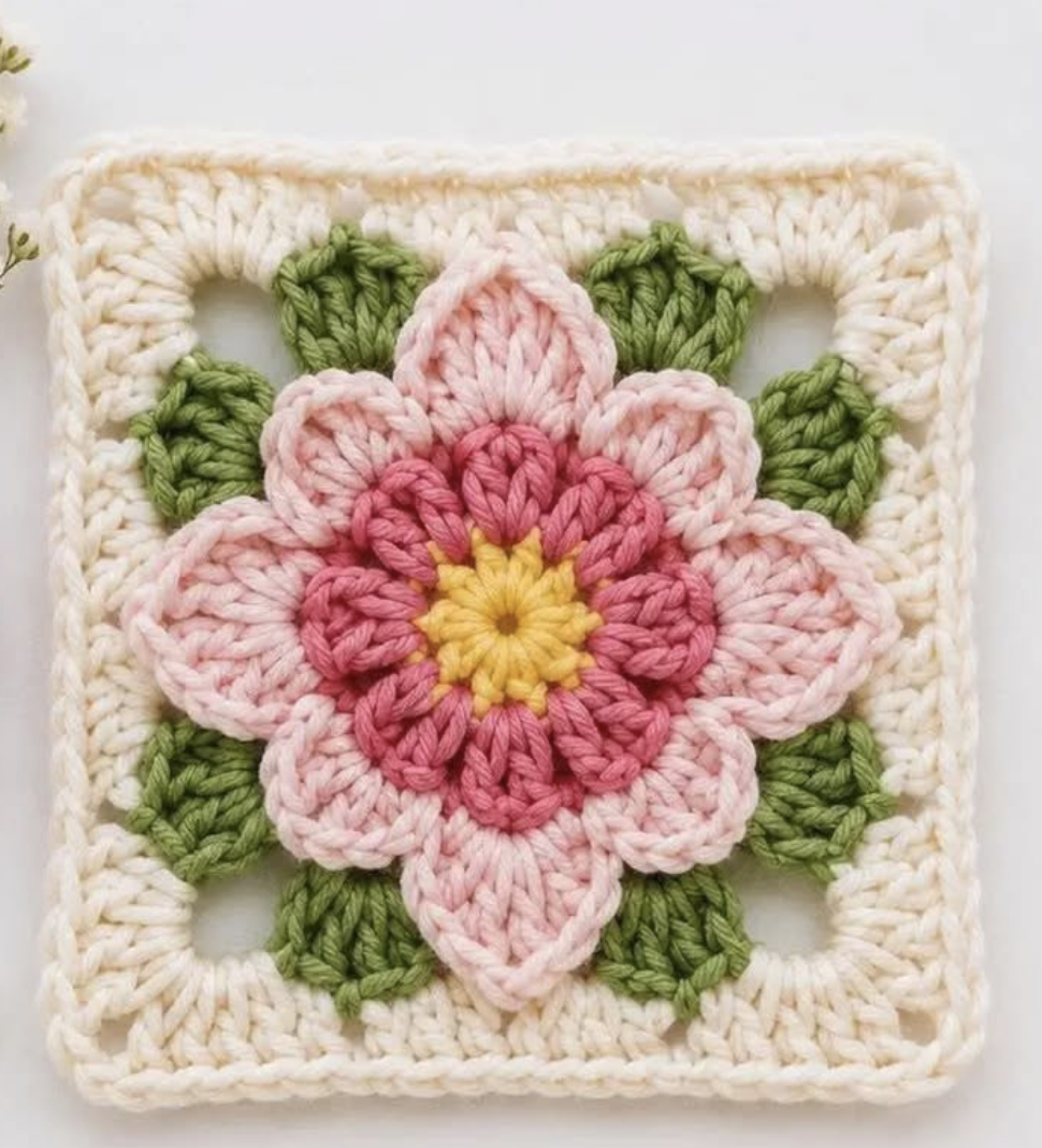 Crochet granny square with a layered pink and yellow flower and green leaves on a cream background.