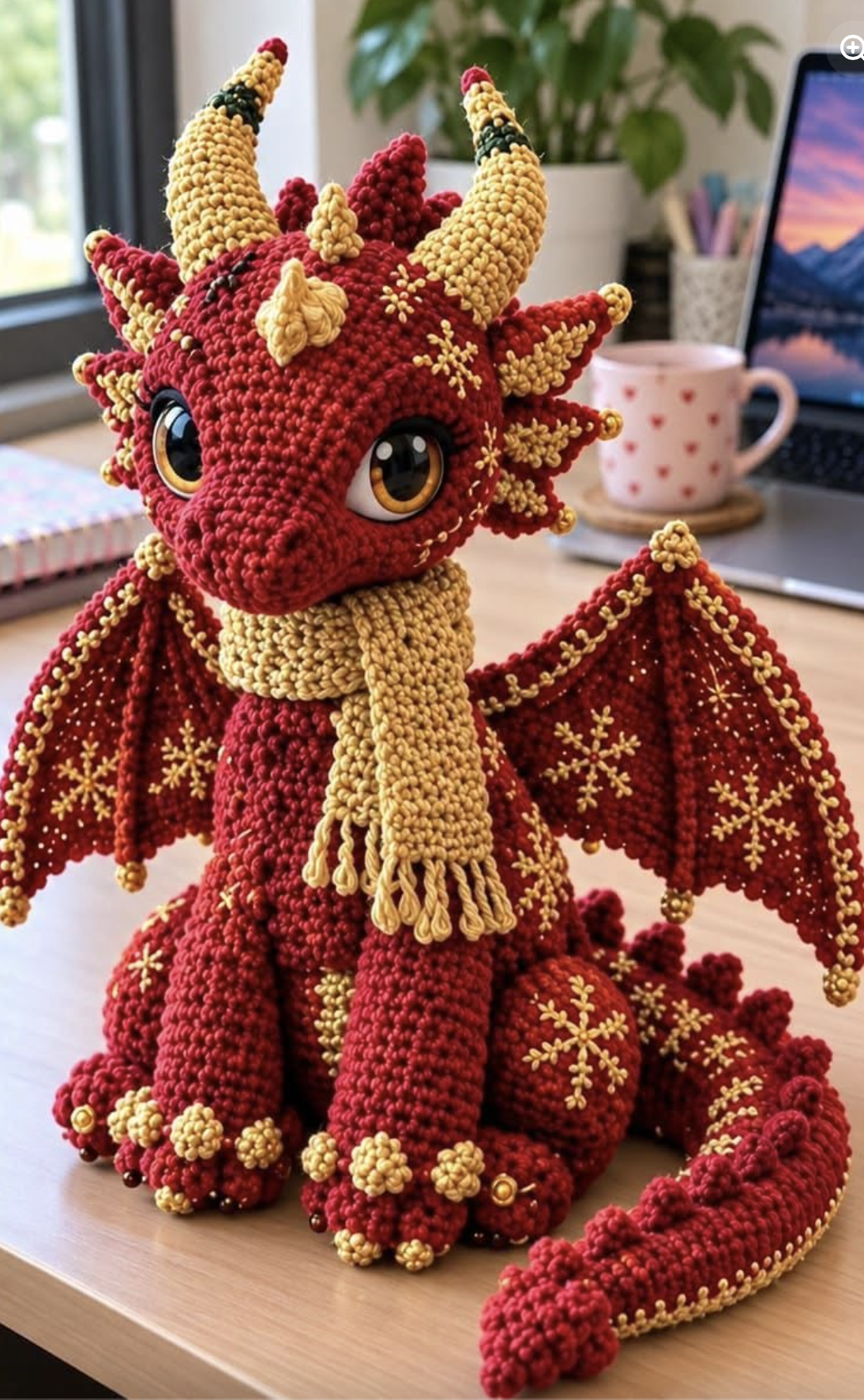 A crocheted red dragon with gold horns, embroidered gold stars, large eyes, and a gold scarf, sitting on a desk.