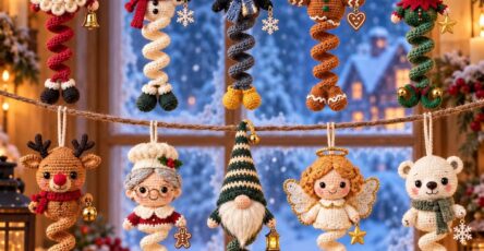 A set of crocheted Christmas amigurumi ornaments with spiral bodies, including Santa, snowman, penguin, gingerbread, elf, reindeer, granny, gnome, angel, and bear, hanging in front of a window.